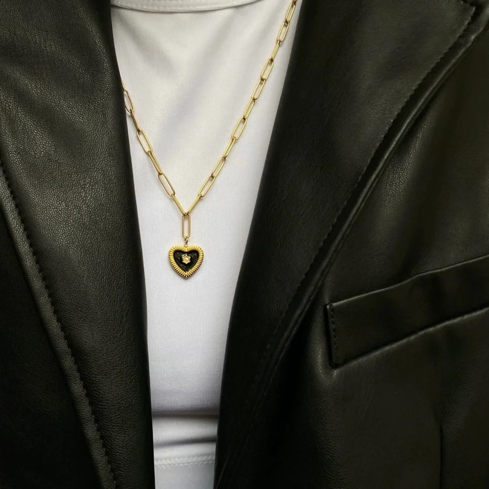 Black heart pendant necklace, paperclip chain necklace
